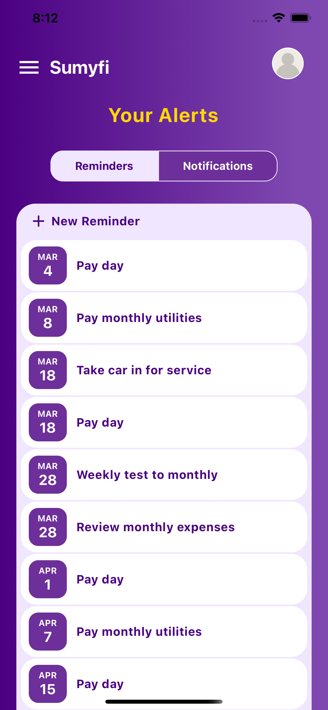 Sumyfi subscriptions and reminders screenshot placeholder