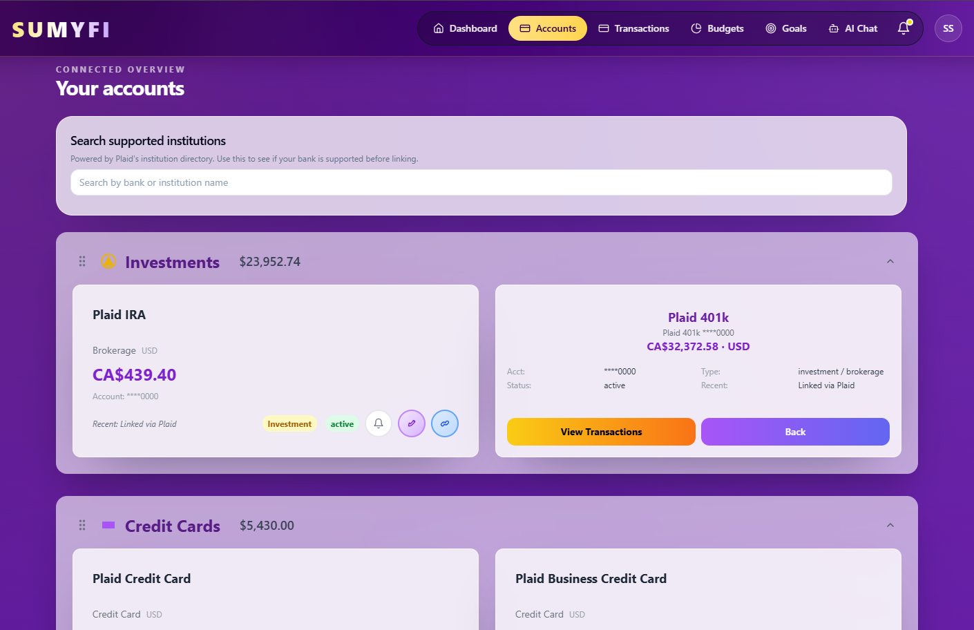 Accounts overview in Sumyfi