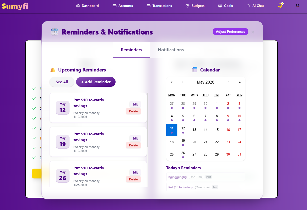 Reminders screen in Sumyfi