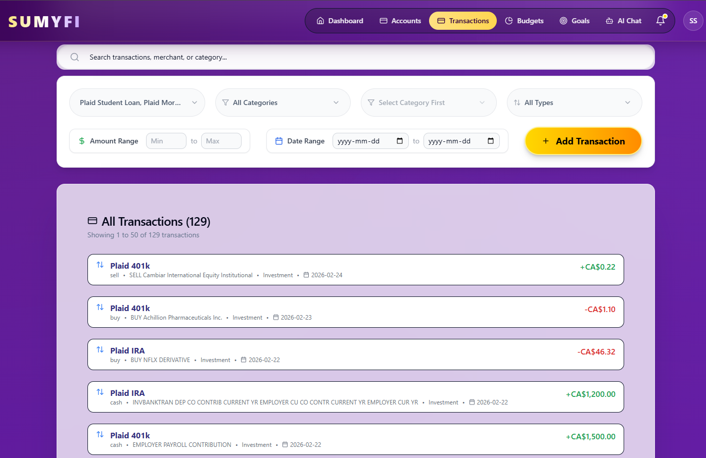 Transactions view in Sumyfi