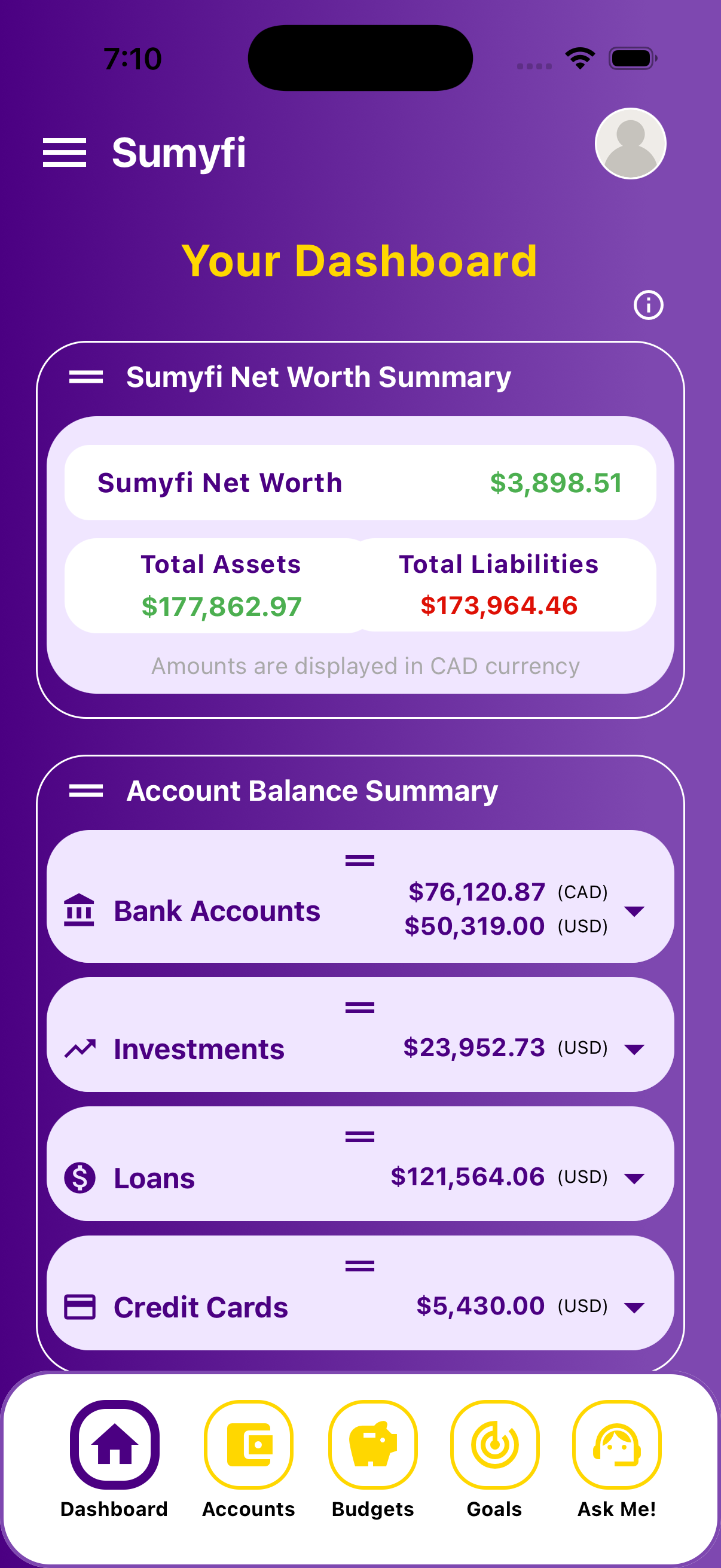 Sumyfi App Mockup - overview screen