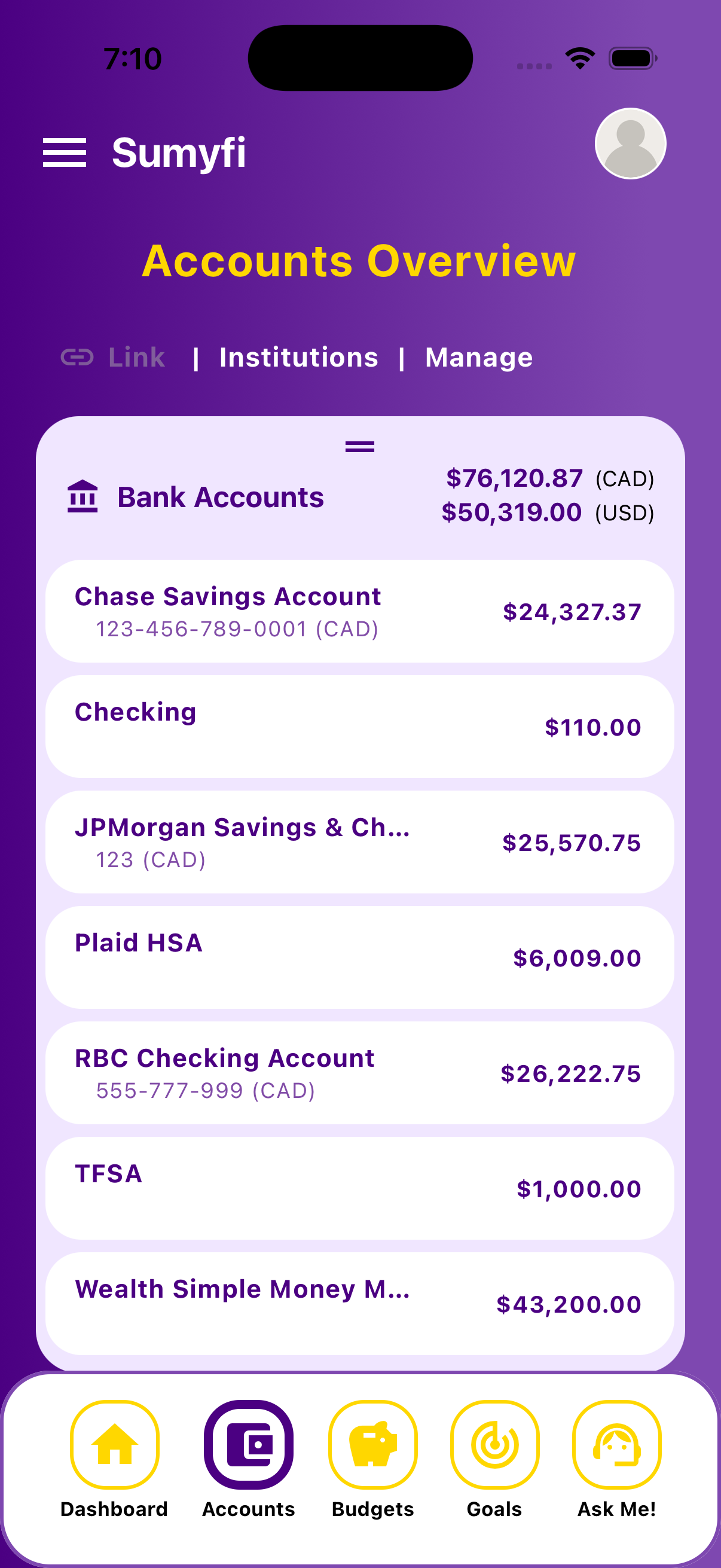 Sumyfi App Mockup - accounts and balances